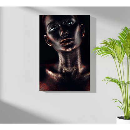 Black canvas portrait of woman with metallic gold glitter skin and glowing blue eyes
