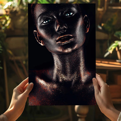 Striking black-and-gold glitter woman with glowing blue eyes canvas print