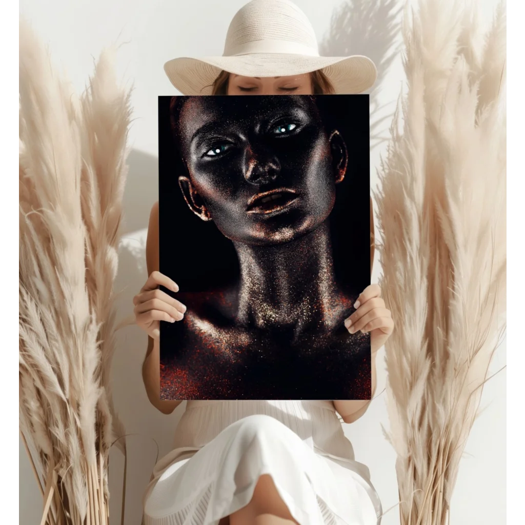 Black-and-gold glitter portrait of woman with glowing blue eyes on canvas