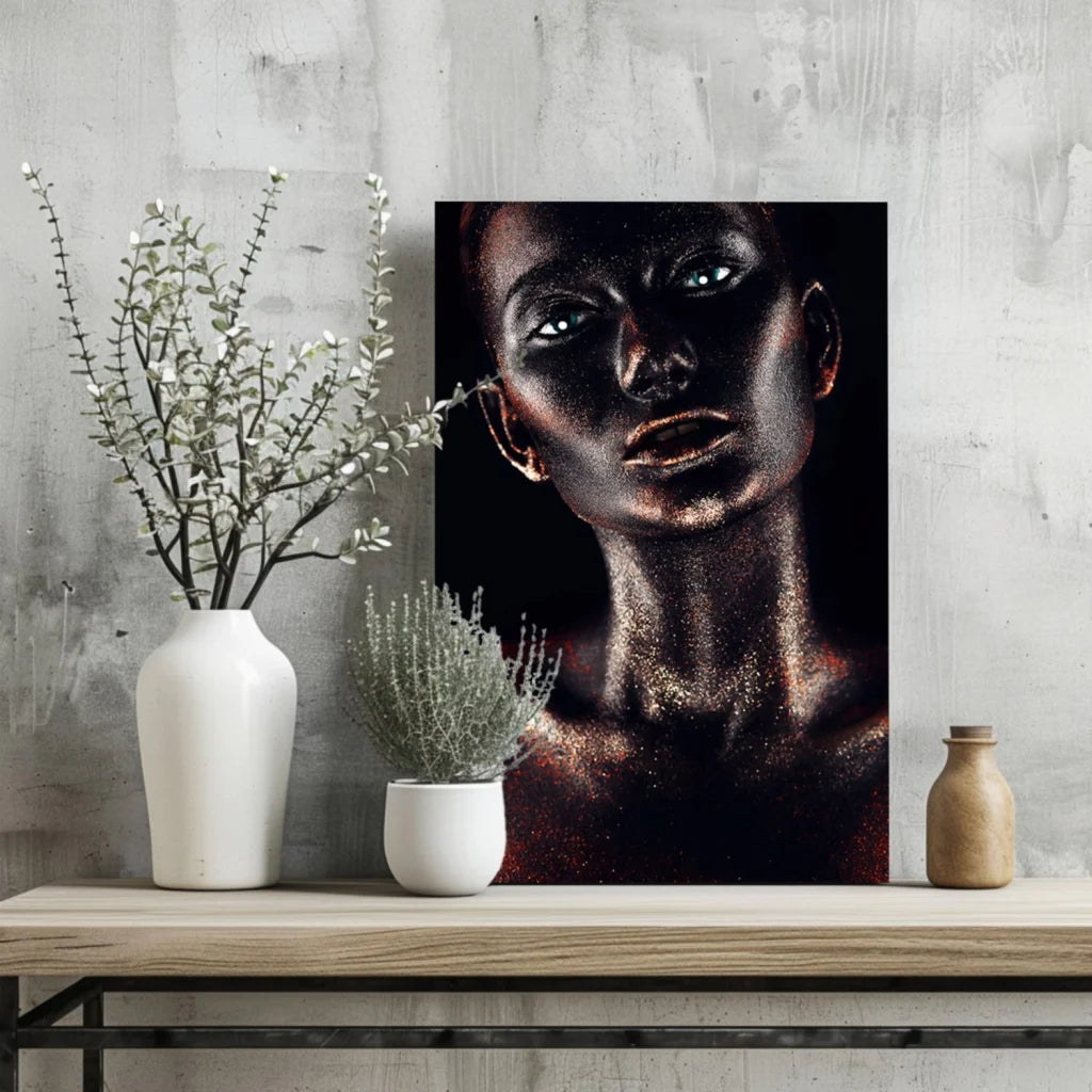 Striking black-and-gold glitter portrait of woman with blue eyes on canvas