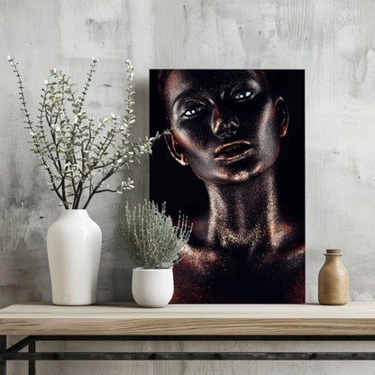 Striking black-and-gold glitter portrait of woman with blue eyes on canvas