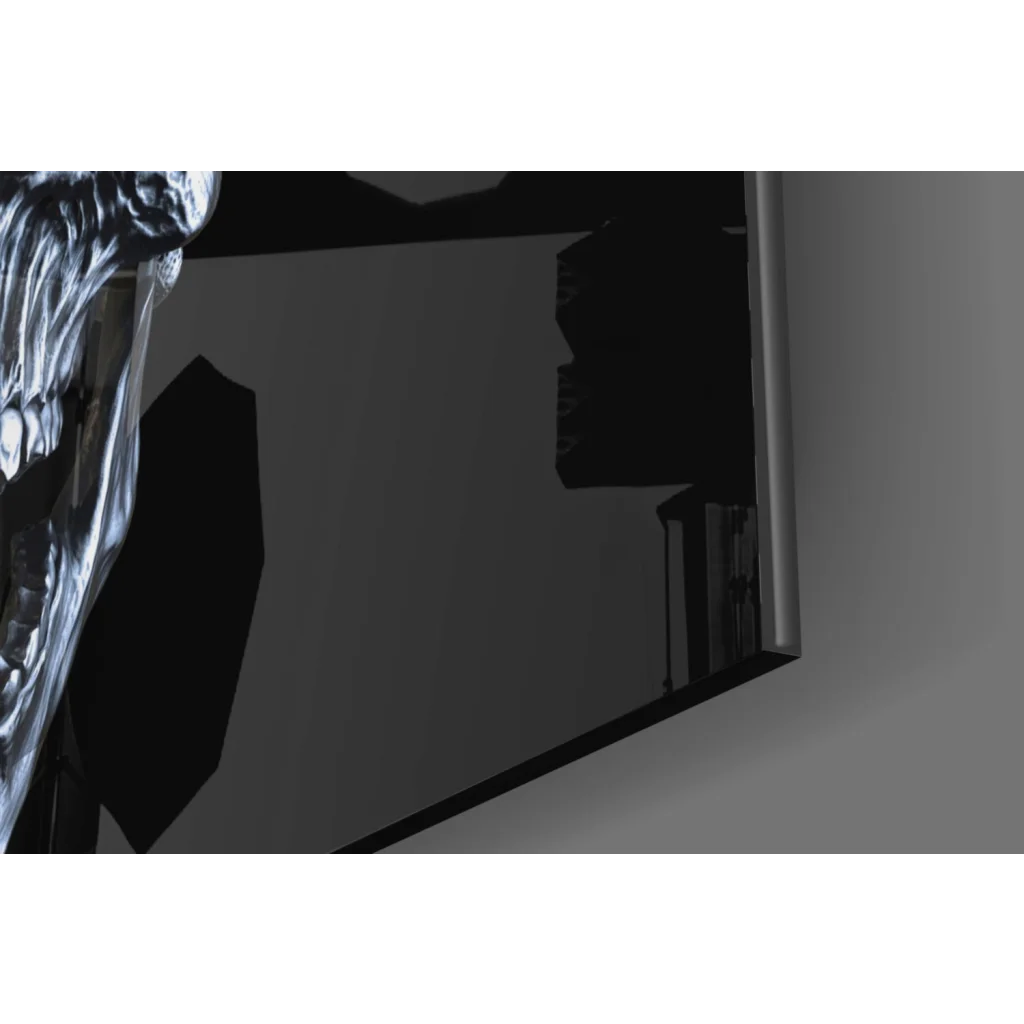 Sleek black-framed glass wall art with metallic silver skull on reflective screen