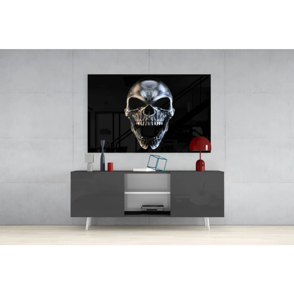 Glossy black skull glass wall art with metallic silver highlights