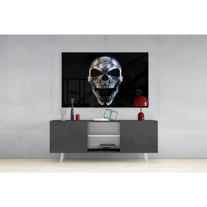 Glossy black skull glass wall art with metallic silver highlights