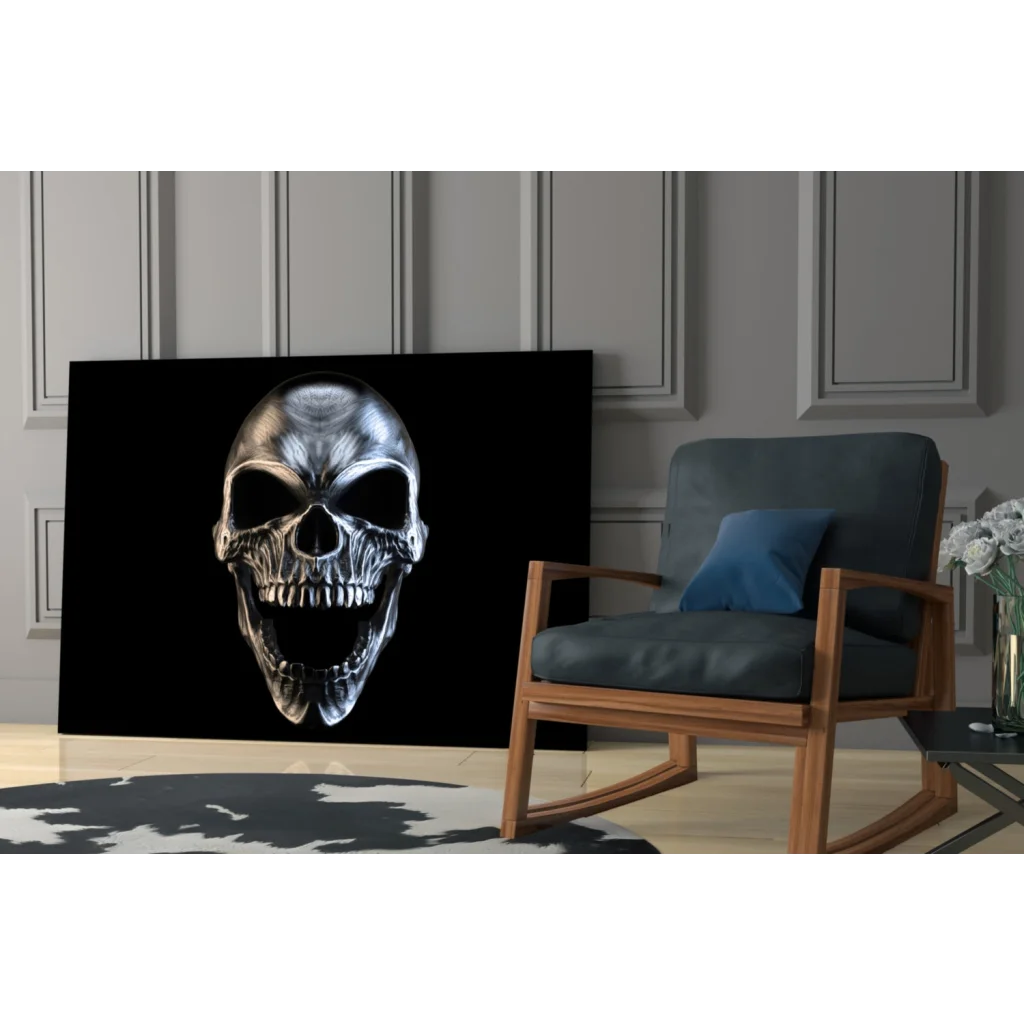 Striking metallic silver skull glass wall art on black canvas
