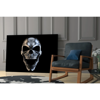 Striking metallic silver skull glass wall art on black canvas