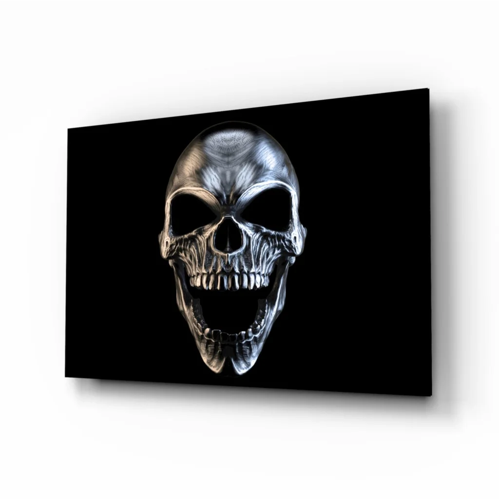 Metallic Silver Skull Glass Wall Art on Black Canvas | Insigneart USA | vintageantiquesgifts.com