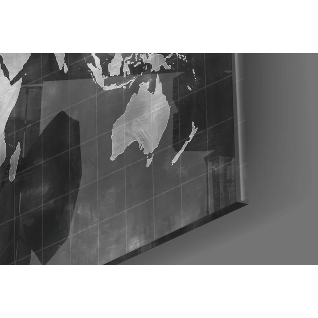 Black and white world map poster with grid lines on metallic silver glass wall art