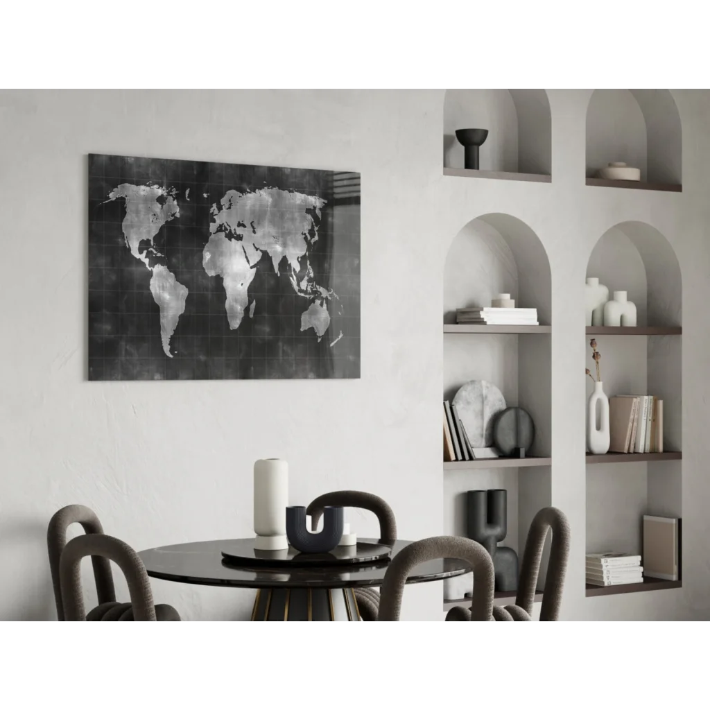 Silver-toned world map canvas wall art on wall