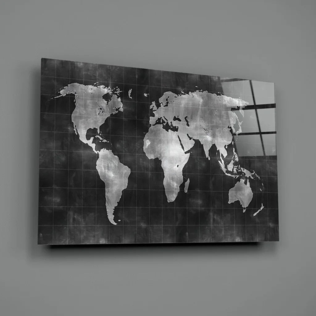 Silver-toned world map canvas wall art with distressed metallic finish