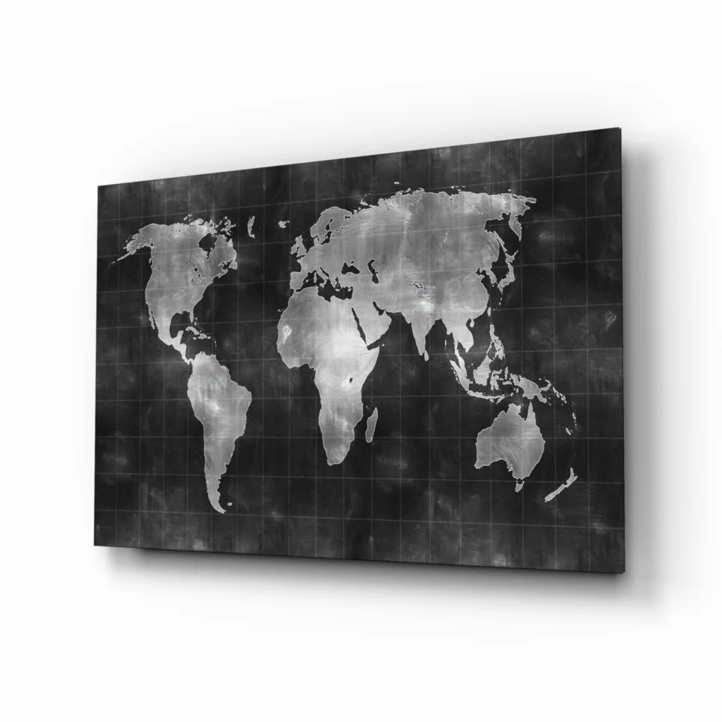 Silver-toned metallic world map wall art canvas with distressed finish