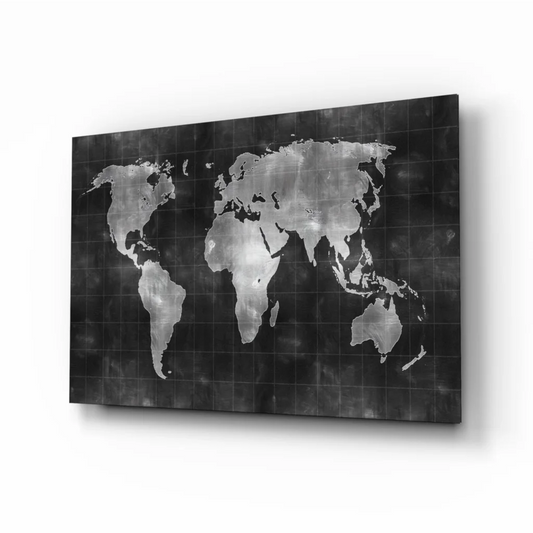 Silver-toned metallic world map wall art canvas with distressed finish