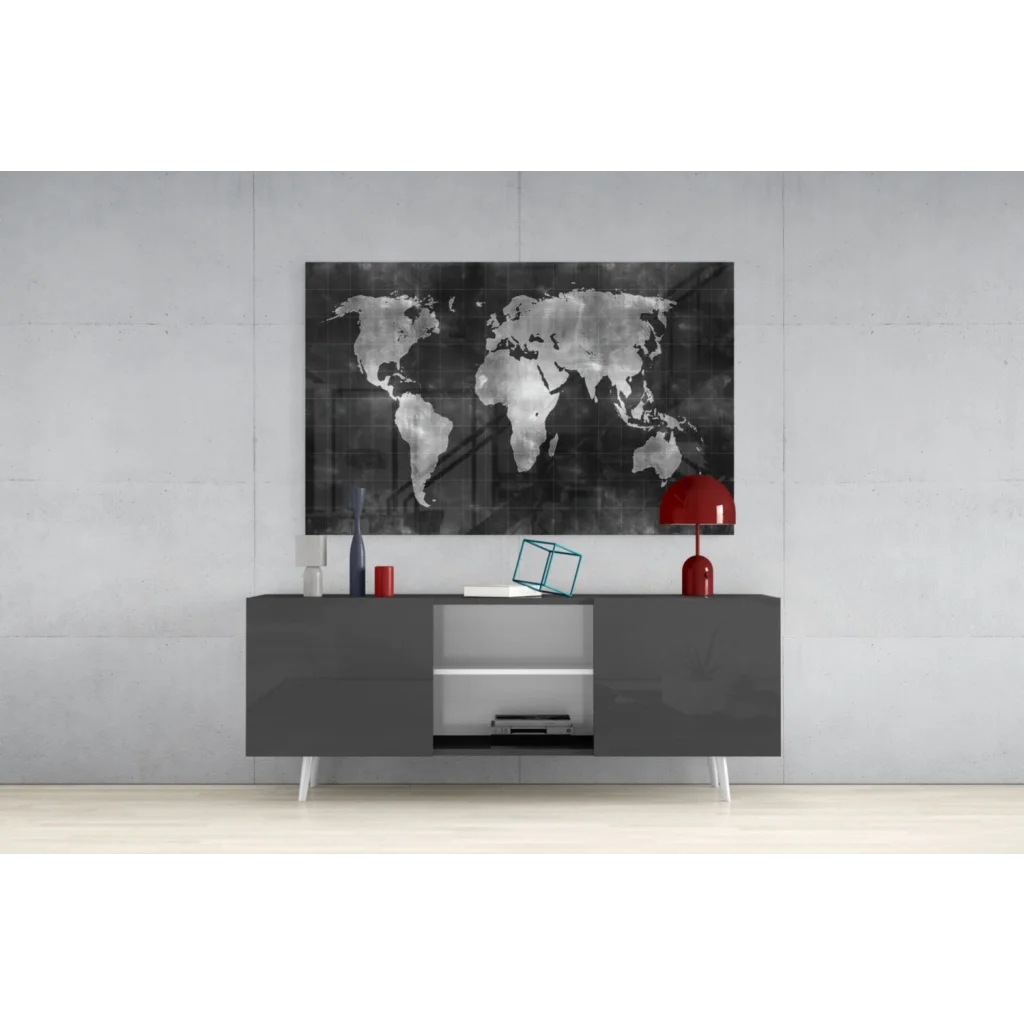Black and silver metallic world map wall art canvas above gray console