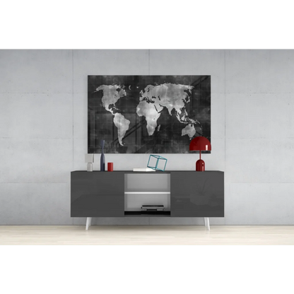 Black and silver metallic world map wall art canvas above gray console
