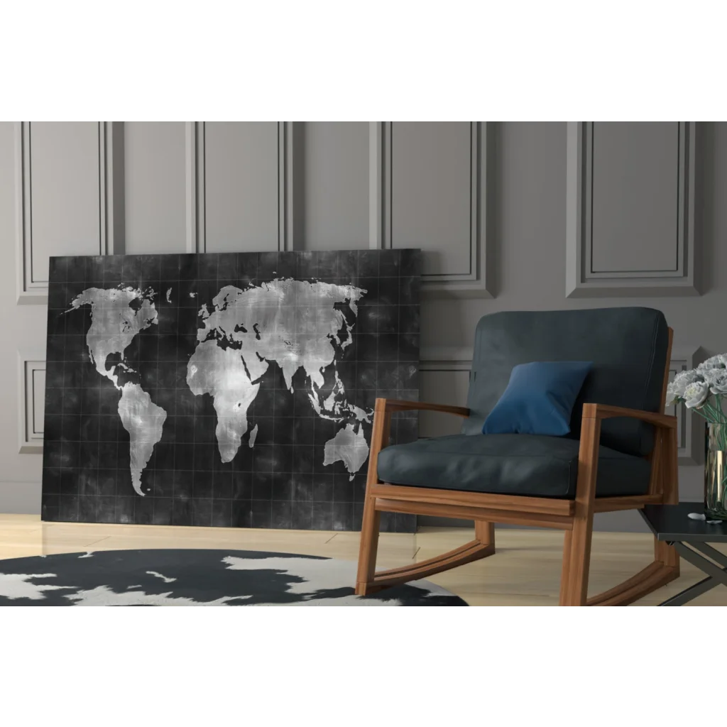 Stylish black and silver metallic world map wall art canvas with grid pattern