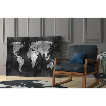 Stylish black and silver metallic world map wall art canvas with grid pattern