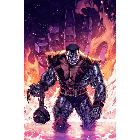 Metallic superhero with black headpiece and red gold costume from X-Men Comic Book