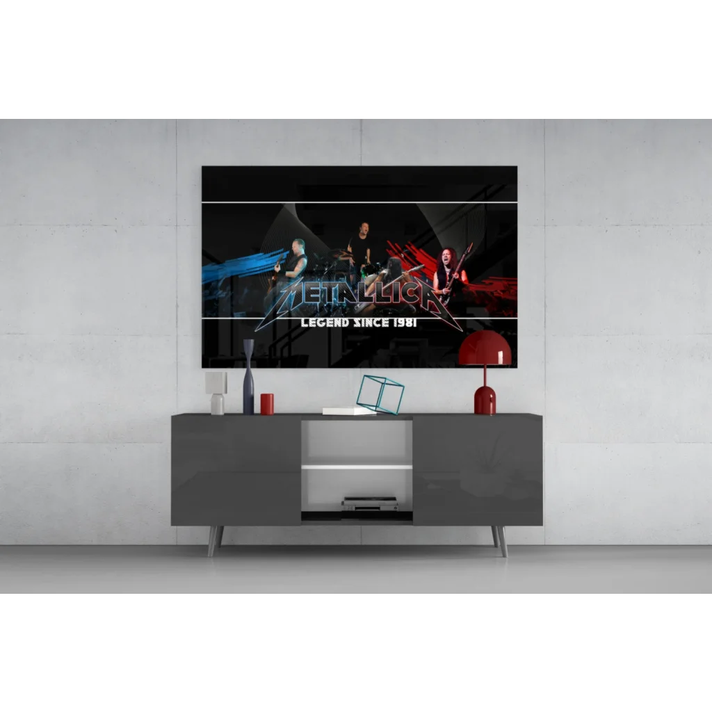 Sleek gray media console under Metallica Legend Since 1981 wall art