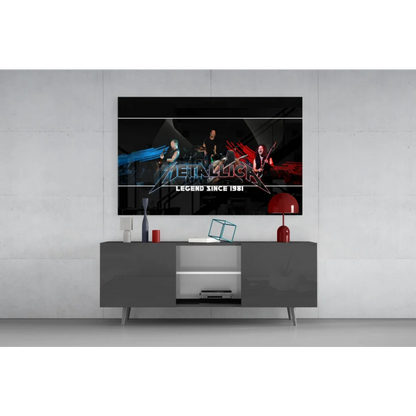 Sleek gray media console under Metallica Legend Since 1981 wall art