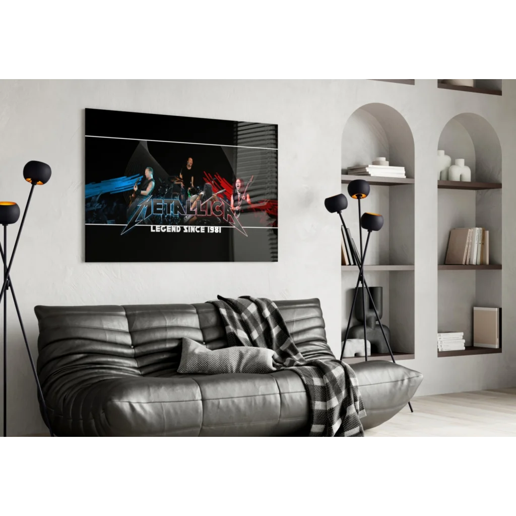 Black framed Metallica Legend Since 1981 poster wall art above gray sofa