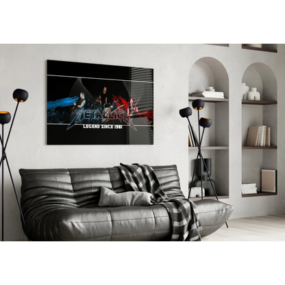 Black framed Metallica Legend Since 1981 poster wall art above gray sofa