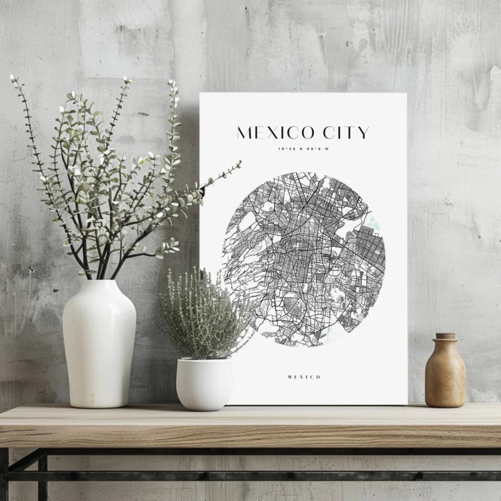 Minimalist Mexico City map in white frame on insigne aluminum print
