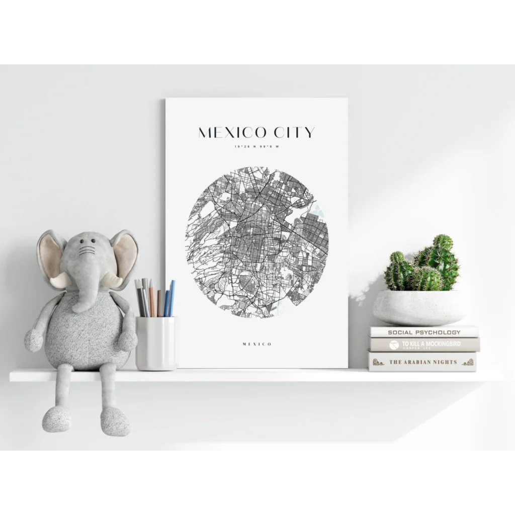Minimalist Mexico City map on insigne aluminum print