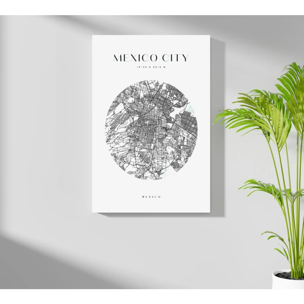 Minimalist black-and-white Mexico City map on insigne aluminum print