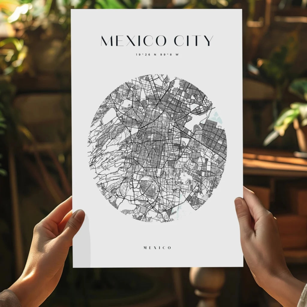 Hands holding minimalist black-and-white Mexico City map poster on insigne aluminum print