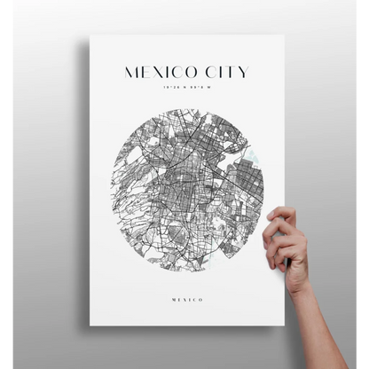 Minimalist black-and-white Mexico City map on insigne aluminum print