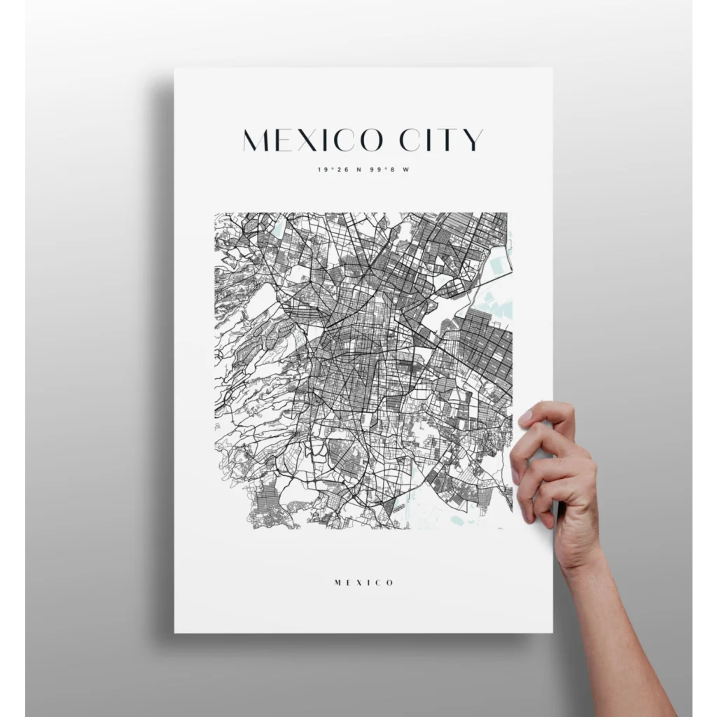 Minimalist black and white Mexico City map on insigne aluminum print