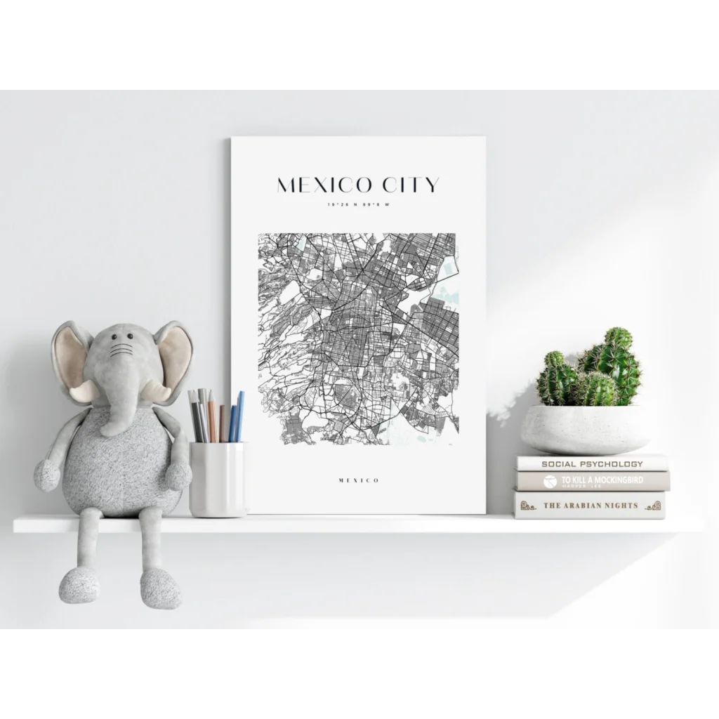 Minimalist black and white Mexico City map on insigne aluminum print