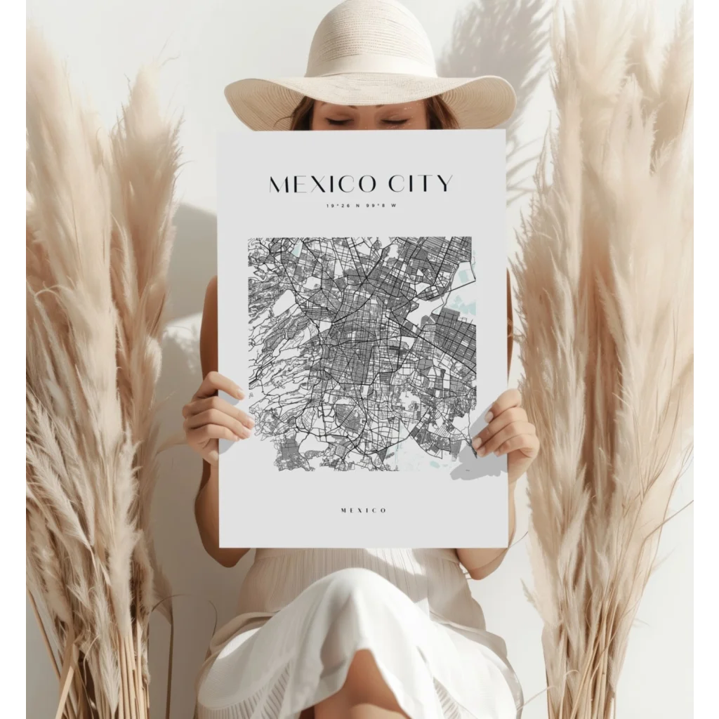 Minimalist black and white Mexico City map on insigne aluminum print