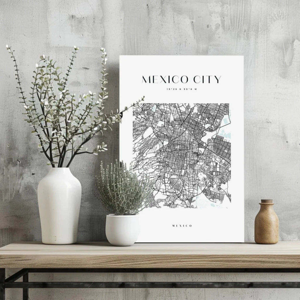 Minimalist Mexico City map on insigne aluminum print