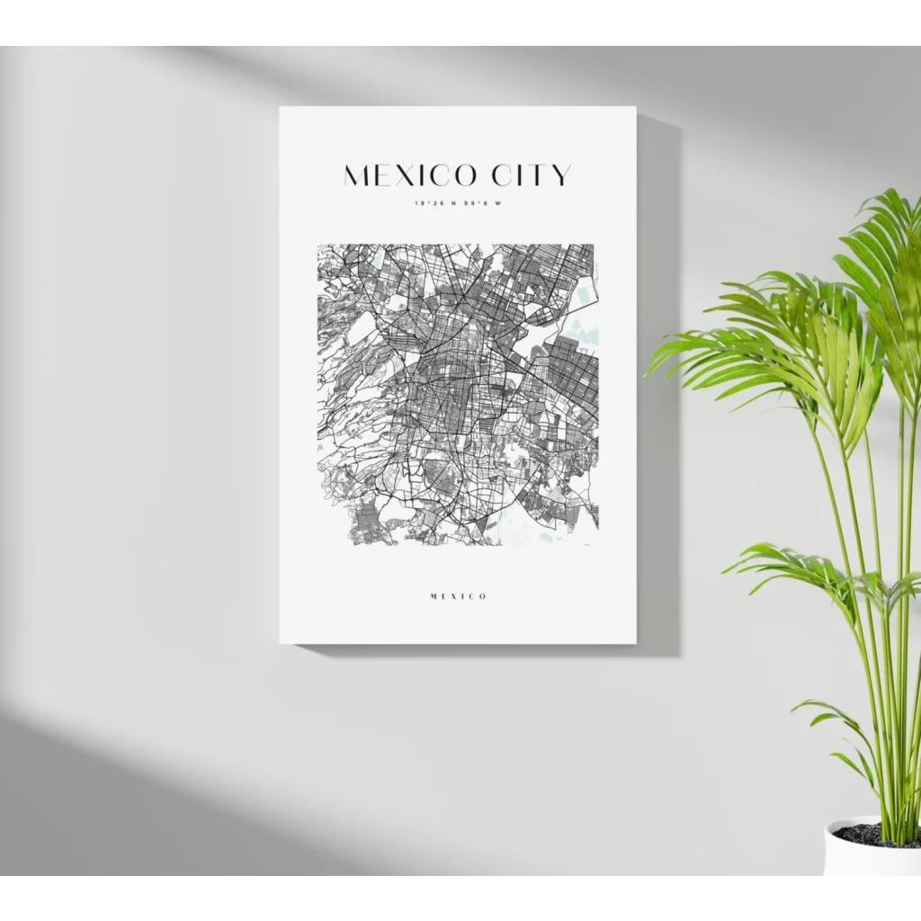 Minimalist black and white Mexico City map on insigne aluminum print