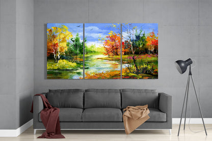 Palette Knife Autumn River Landscape Glass Wall Art