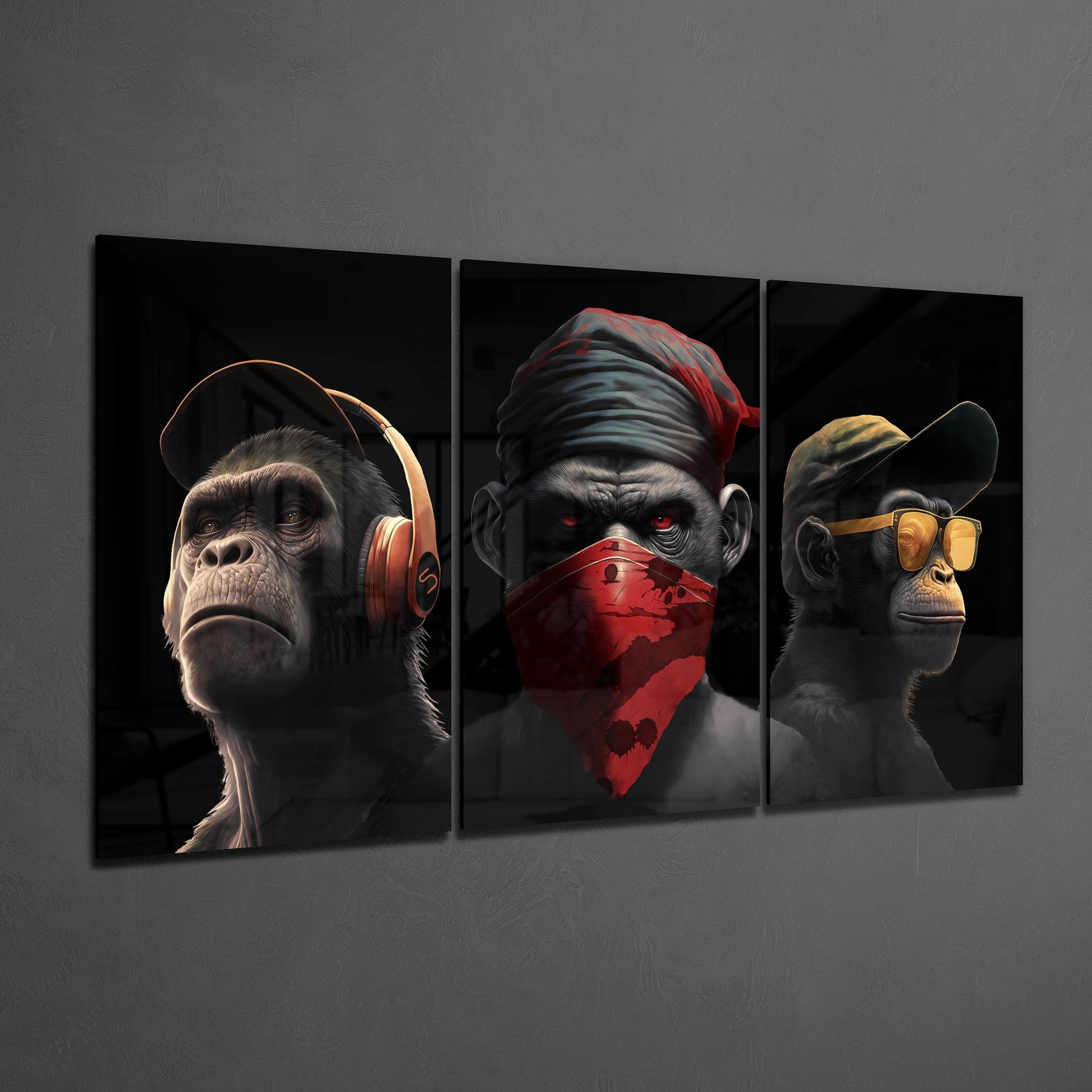 Three glass panels displaying stylized monkeys wearing headphones, red bandana, and sunglasses against black backgrounds, mounted on gray wall.