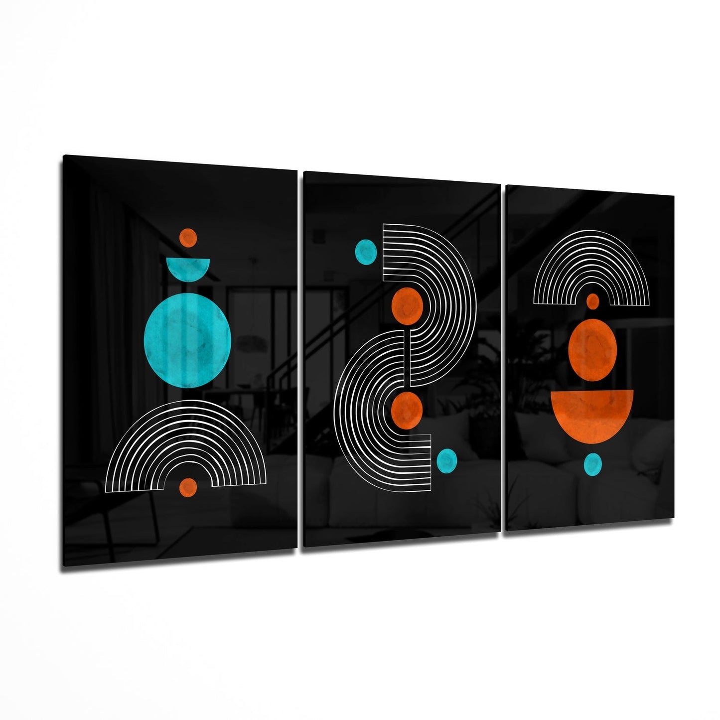 Three black glass panels with geometric designs in white lines, orange and turquoise circles arranged vertically, displayed at an angle.