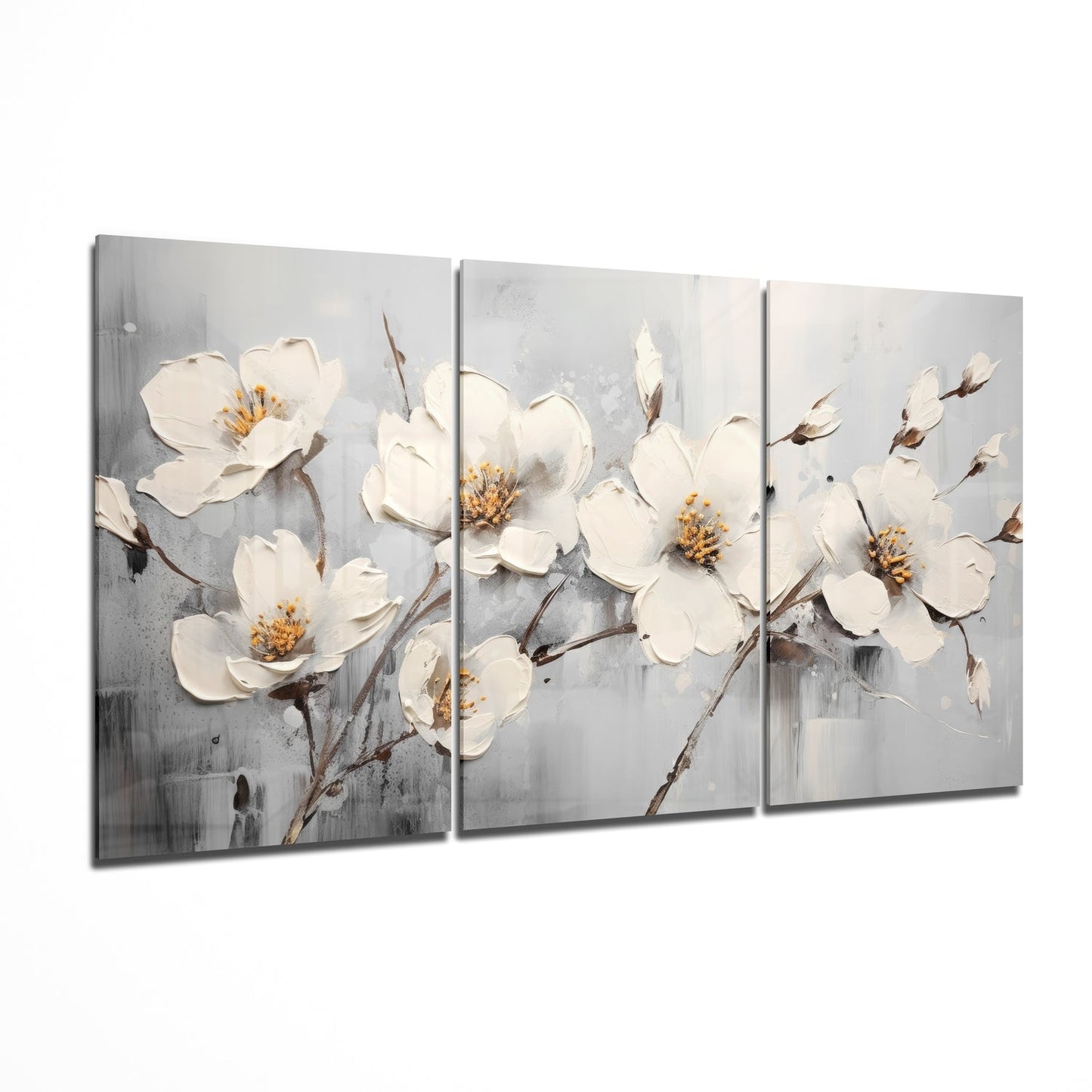 Three Panel Gray Impasto White Blossoms Glass Wall Art
