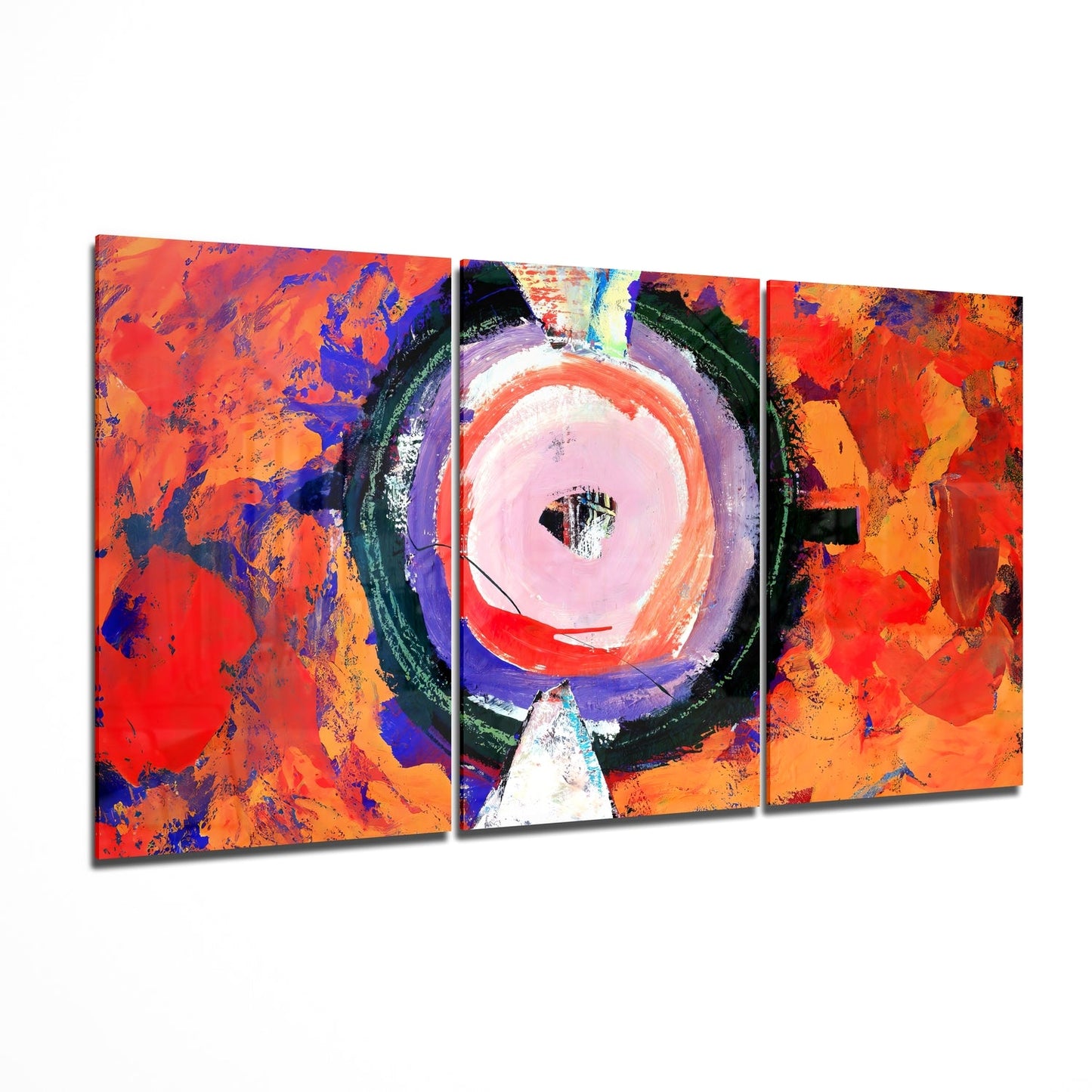 Three-panel abstract glass wall art displaying vibrant red, orange, and blue paint with a prominent circular design in the center panel.