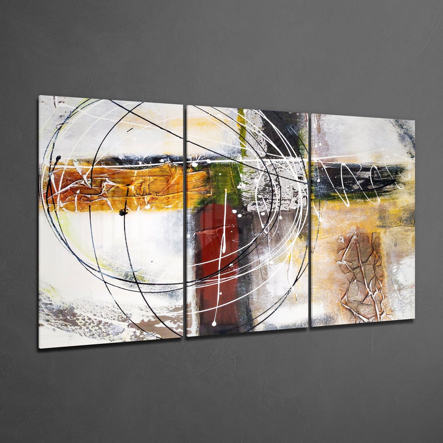 Three-panel abstract glass wall art featuring bold brushstrokes in orange, yellow, red, and black with curved line designs on gray background.