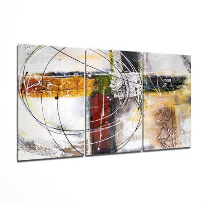 Three-panel abstract glass wall art featuring golden horizontal brushstrokes, circular line drawings, and red accents on neutral background.