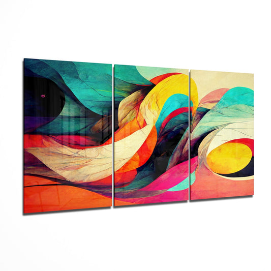 Three-panel glass wall art with vibrant swirling abstract designs in red, yellow, turquoise, and orange tones, displayed at an angled perspective.