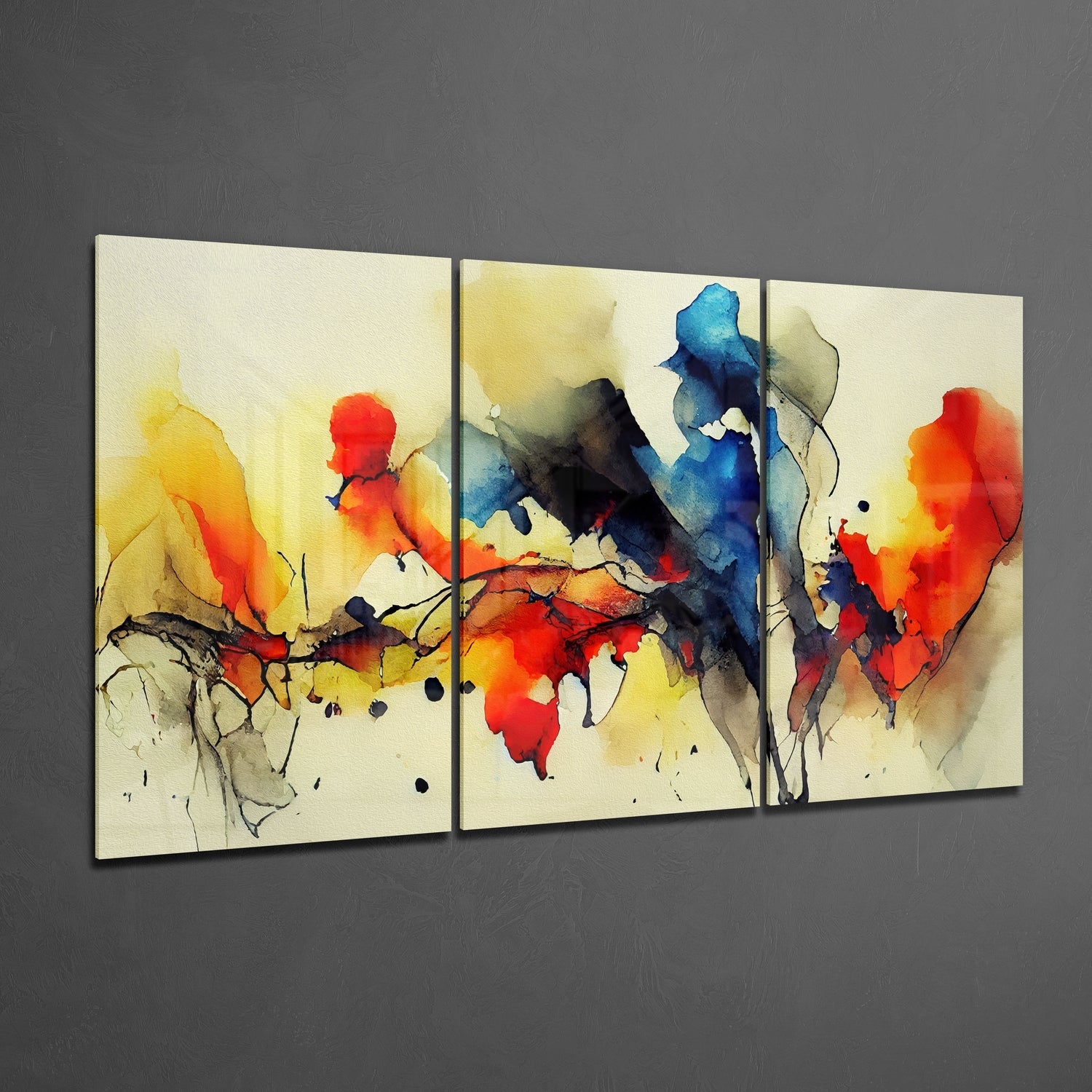 Three-panel glass wall art displaying abstract watercolor birds in red, yellow, and blue on cream background, mounted on gray wall.