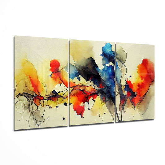 Three-panel glass wall art displaying abstract watercolor birds in vibrant reds, yellows, and blues on cream background.