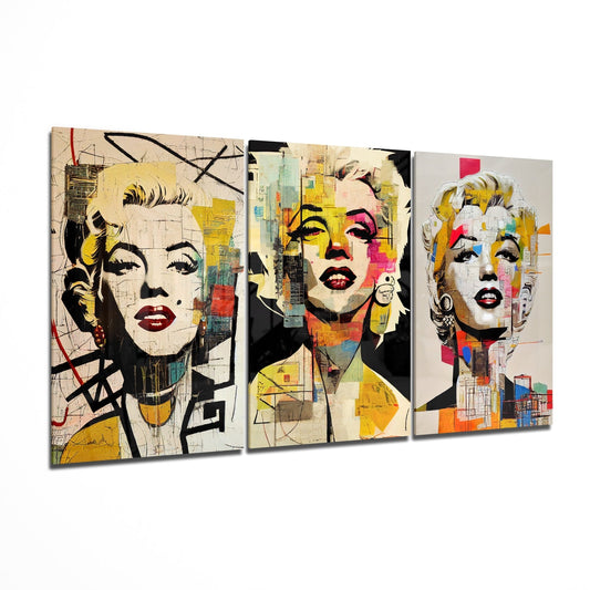 Three glass panels displaying pop art portraits of a blonde woman with bold black outlines, colorful geometric shapes in yellow, pink, blue, and orange against cream backgrounds, arranged side by side.
