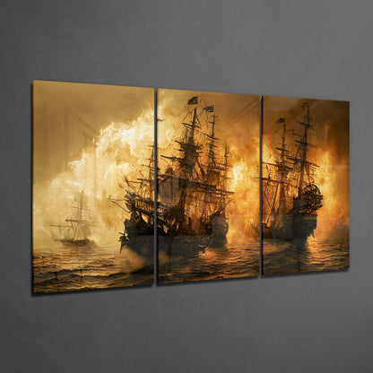 Three-panel glass wall art displaying golden-lit sailing ships in stormy seas against fiery sky backdrop.