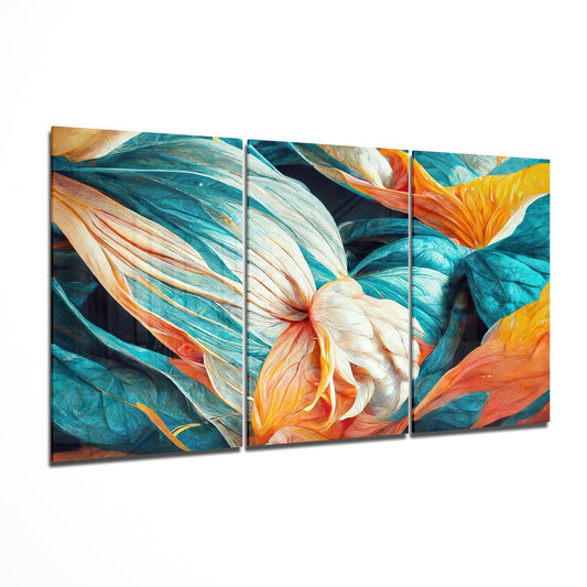 Three-panel teal, orange, and white abstract floral glass wall art displayed at an angle against white background.