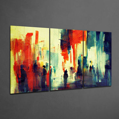 Three-panel glass wall art depicting an abstract urban street scene with silhouetted figures in vibrant red, yellow, blue, and teal watercolor tones.