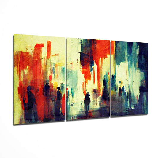 Three-panel glass wall art featuring an abstract urban street scene with vibrant reds, yellows, and teals, displaying silhouetted figures in a hazy architectural setting.